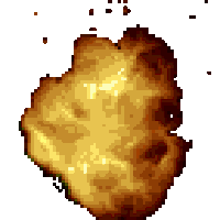 Explosion bursting with bright yellow and orange flames against a white background.