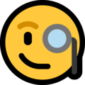 Yellow face with a raised eyebrow and a monocle over one eye looking suspicious.