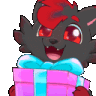 A cute black fox with red hair winks while holding a pink gift box with a blue ribbon.