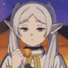 Frieren from Frieren: Beyond Journey's End eating a snack with a happy expression in a pixel art style.