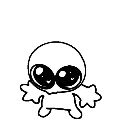 A small, white, big-eyed creature standing with its arms slightly outstretched in a gesture of innocent wonder.