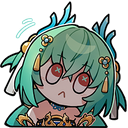 Chibi anime girl with green hair and wide red cross-shaped eyes looking shocked.