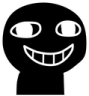 A stylized black face with a wide, white-outlined mischievous grin and shifty eyes.