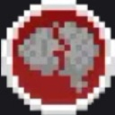 A gray brain with a jagged crack down the center displayed inside a red circular border.