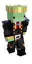 A pixel-art frog wearing a gold crown and a black formal suit stands against a dark background.