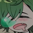 Character with green hair and flushed cheeks looking dazed with a drooling mouth.