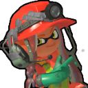 Inkling wearing a hard hat and headset points confidently with a smug expression.