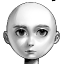 A stylized human head with large, dark eyes staring directly forward with a neutral, intense expression.