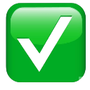 Checkmark icon inside a glossy green rounded square button.