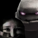 A stone golem with glowing purple eyes looms behind a terrified person in the dark.