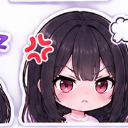 Chibi anime girl with dark hair and pink eyes looking angry with a red anger vein symbol above her head.