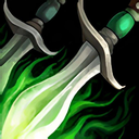 Two silver daggers surrounded by bright green magical flames against a black background.