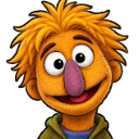 Muppet character with messy blonde hair and a purple nose smiling brightly.