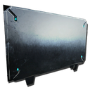 A metallic, futuristic wall with glowing blue accents on a dark background.