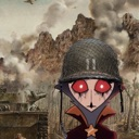 A cartoon character with glowing red eyes and a military helmet looking traumatized against a war-torn background.