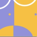 Abstract geometric shapes in yellow and purple arranged in a chaotic, playful composition.