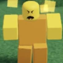 A blocky yellow Roblox-style character with an angry, shouting expression and glowing effects.