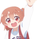 Hinata Hoshino smiling brightly with her hand raised high in the air.