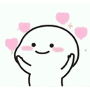 A cute white character with a blushing face surrounded by floating pink hearts.