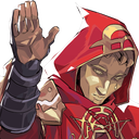 A hooded figure in red robes with a golden mask raises a hand in a calm waving gesture.