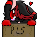A cute black and red fox character holding a sign that says PLS.