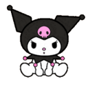 Kuromi the rabbit character with a black jester hat and a pink skull icon sitting down.