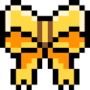 A pixelated golden ribbon bow with orange accents centered on a black background.