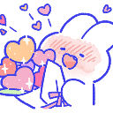 A white bunny with pink cheeks blushing while holding a large bouquet of sparkling hearts.