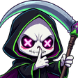 Chibi grim reaper with glowing pink eyes holding a finger to its mouth in a shushing gesture while holding a scythe.