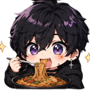 An anime boy with purple eyes and black hair eating noodles from a bowl with a fork.