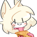 A fluffy white creature with a happy expression holding and eating a slice of pie.