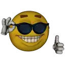 Yellow smiley face wearing black sunglasses giving an OK sign with one hand and a thumbs up with the other.