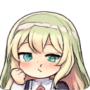 Anime girl with blonde hair and green eyes looking flustered and blushing with a nervous expression.