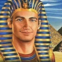 Pharaoh wearing a blue and gold nemes headdress smiling with a smug expression.
