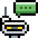 A stylized pixel robot head with a green speech bubble indicating a bug report or technical support request.