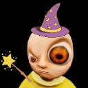 A distorted baby with one giant eye wearing a purple wizard hat and holding a star-tipped wand.