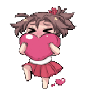 Anime girl hugging a large pink heart with an excited, blushing expression.