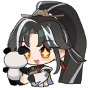 Chibi warrior character with black hair happily hugging a small panda plushie.
