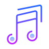Music note symbol rendered in vibrant blue and purple pixel art style.