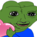 Pepe the frog holding a pink heart with a loving expression.