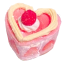 Heart-shaped cake with pink frosting and a single strawberry on top.