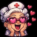 An elderly nurse with white hair wearing heart-shaped glasses and looking smitten with floating hearts around her.
