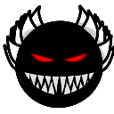 Demon icon with glowing red eyes and a sharp, jagged white grin.