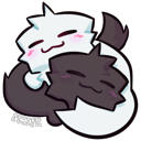 Two fluffy creatures, one white and one dark, cuddling together with happy expressions.