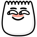 A white blob character with a smug, squinty-eyed expression and a subtle pink blush.