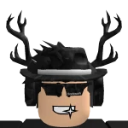 Roblox avatar wearing a fedora, sunglasses, and antlers with a sparkling toothy grin.