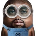 Kanye West's face superimposed onto a Minion body wearing blue overalls.