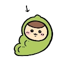 A cute character with a brown bob haircut wrapped inside a green pea pod.