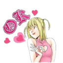 Misa Amane makes an OK hand gesture while smiling with pink hearts floating around her.