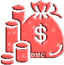 Red money bag icon with a dollar sign and stacks of coins in a glossy 3D style.